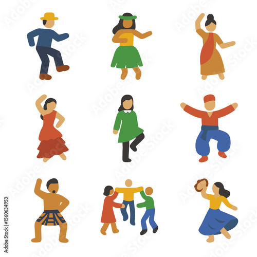 Traditional Dance Icons. Flat icon set of folk and traditional dances: clog dance, hula dance, kathak pose, flamenco step, Irish