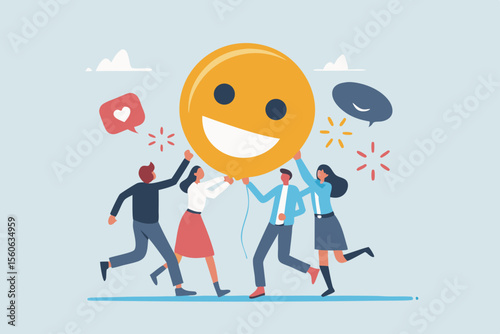 Employee satisfaction, workplace happiness or success team motivation, employee engagement or participation, feedback or company survey rating concept, business people employee with smile happy face.