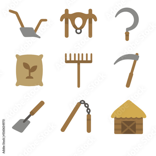 Traditional Farming Tools. Flat icon set of traditional farming tools: wooden plow, ox yoke, sickle, seed bag, straw rake, scythe,