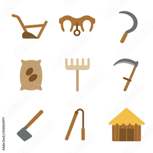 Traditional Farming Tools. Flat icon set of traditional farming tools: wooden plow, ox yoke, sickle, seed bag, straw rake, scythe,