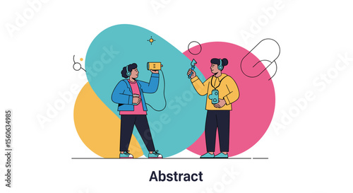 Two People Holding Devices Engaging in Digital Communication and Media Creation