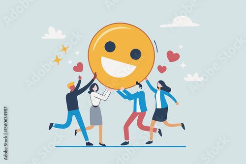 Employee satisfaction, workplace happiness or success team motivation, employee engagement or participation, feedback or company survey rating concept, business people employee with smile happy face.