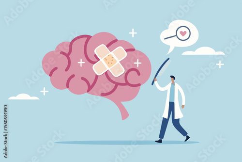 Brain rot mental health, depression or anxiety heal or recovery, psychotherapy, emotional intelligence, heal stress, mental wellbeing concept, doctor analyze cured mental illness brain with bandage.