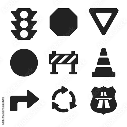 Traffic Icon Grid. Solid, filled icon set of traffic and road symbols: traffic light, stop sign, yield sign, speed limit, road