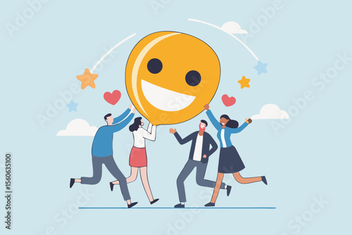 Employee satisfaction, workplace happiness or success team motivation, employee engagement or participation, feedback or company survey rating concept, business people employee with smile happy face.
