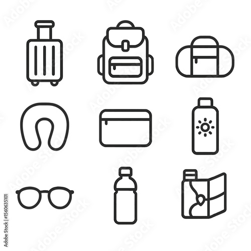 Travel Essentials Icons. Outline icon set of packing essentials: suitcase, backpack, duffel bag, travel pillow, toiletry kit,