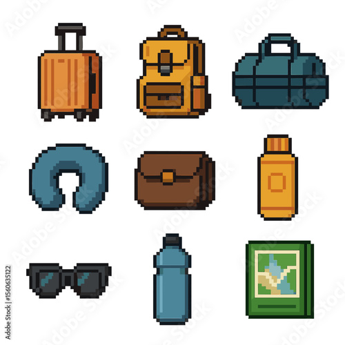Travel Essentials Icons. Pixel art icon set of packing essentials: suitcase, backpack, duffel bag, travel pillow, toiletry kit,