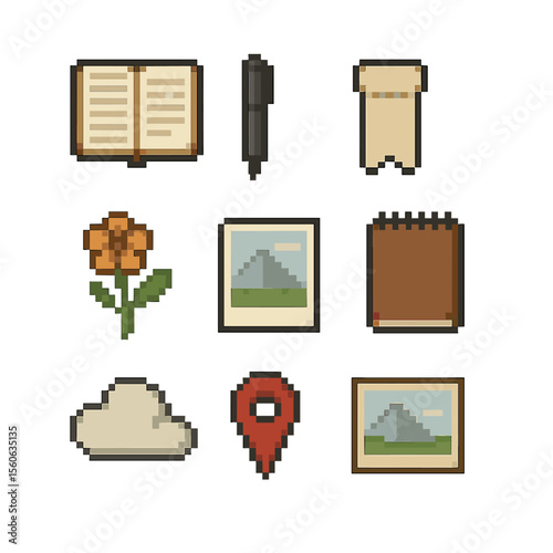 Travel Journaling Icons. Pixel art icon set of travel journaling and keepsakes: notebook, pen, ticket stub, pressed flower,