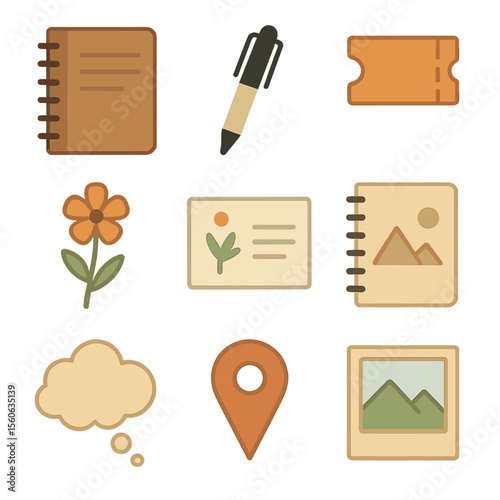 Travel Journal Icons. Flat icon set of travel journaling and keepsakes: notebook, pen, ticket stub, pressed flower, postcard,