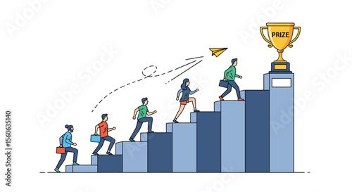 Business People Climbing Stairs Towards Goal Trophy Success