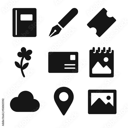 Travel Journal Icons. Solid, Filled icon set of travel journaling and keepsakes: notebook, pen, ticket stub, pressed flower,