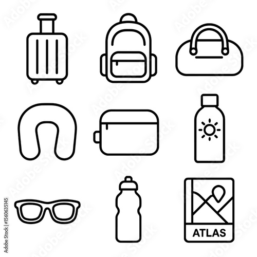 Travel Essentials Icons. Outline icon set of packing essentials: suitcase, backpack, duffel bag, travel pillow, toiletry kit,