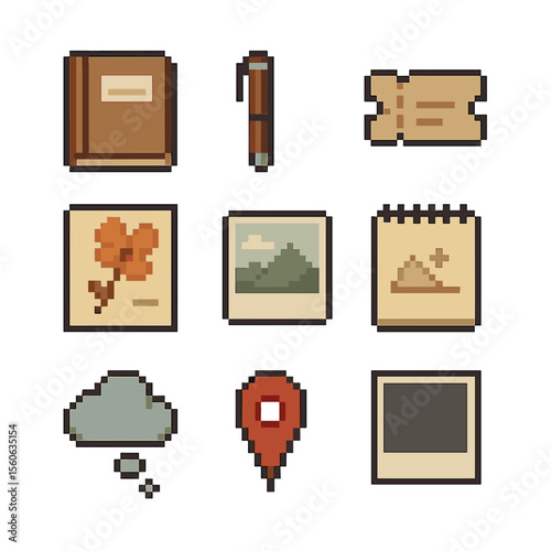 Travel Journaling Icons. Pixel art icon set of travel journaling and keepsakes: notebook, pen, ticket stub, pressed flower,