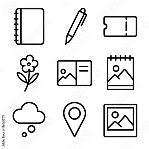 Travel Keepsake Icons. Outline icon set of travel journaling and keepsakes: notebook, pen, ticket stub, pressed flower, postcard,