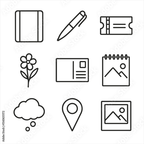 Travel Keepsake Icons. Outline icon set of travel journaling and keepsakes: notebook, pen, ticket stub, pressed flower, postcard,