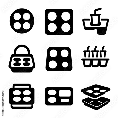 Tray Icon Collection. Flat icon set of multi-cup trays: four-cup round tray, rectangular divided tray, folding drink & snack tray,