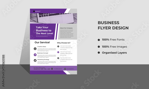 Corporate Business Modern A4 Flyers, PURPLE AND GRAY COLOR with creative editable geometric vector design templates, Informative modern layouts for promotional purposes