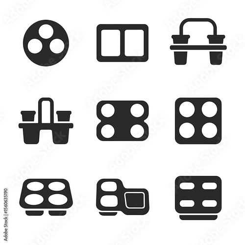 Tray Icon Collection. Flat icon set of multi-cup trays: four-cup round tray, rectangular divided tray, folding drink & snack tray,