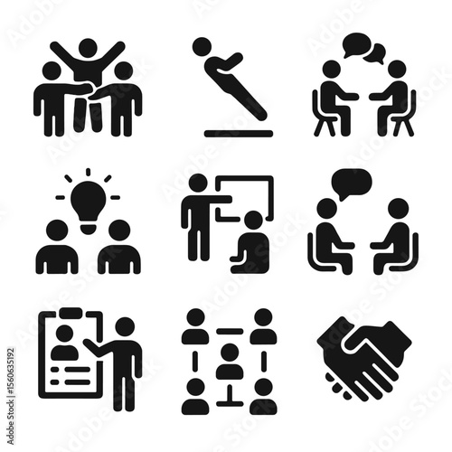 Trust Activities Icons. Solid, filled icon set of trust building activities: team building, trust fall, group discussion,