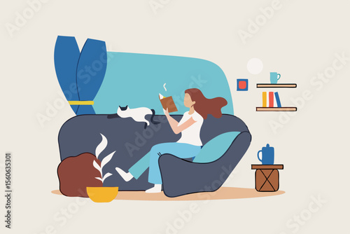 Relaxation lifestyle, comfortable at home or calm, cosy wellbeing or enjoy reading books, positive emotion, chill or reduce anxiety concept, young woman relax reading book while playing with pet.