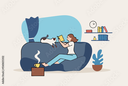 Relaxation lifestyle, comfortable at home or calm, cosy wellbeing or enjoy reading books, positive emotion, chill or reduce anxiety concept, young woman relax reading book while playing with pet.