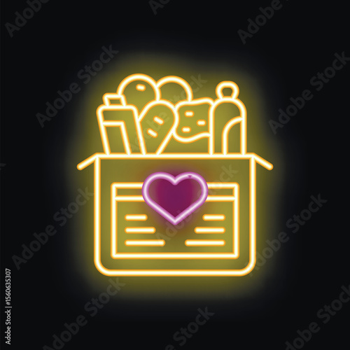 Glowing neon icon of a food donation box with a purple heart, symbolizing charity and support for those in need