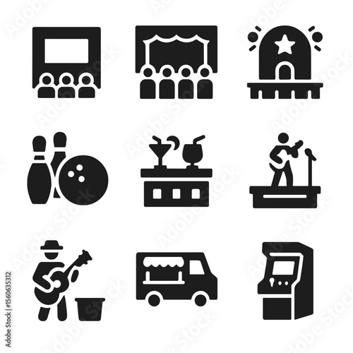 Urban Entertainment Icons. Solid, filled icon set of urban entertainment: movie theater, concert hall, night club, bowling alley,