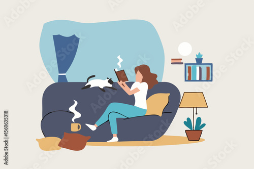 Relaxation lifestyle, comfortable at home or calm, cosy wellbeing or enjoy reading books, positive emotion, chill or reduce anxiety concept, young woman relax reading book while playing with pet.