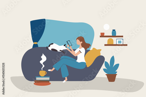 Relaxation lifestyle, comfortable at home or calm, cosy wellbeing or enjoy reading books, positive emotion, chill or reduce anxiety concept, young woman relax reading book while playing with pet.