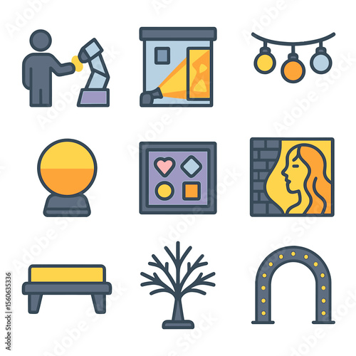 Urban Light Icon Set. Flat icon set of urban art light installations: interactive light sculpture, projection mapping, string