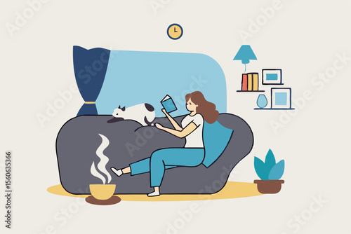 Relaxation lifestyle, comfortable at home or calm, cosy wellbeing or enjoy reading books, positive emotion, chill or reduce anxiety concept, young woman relax reading book while playing with pet.