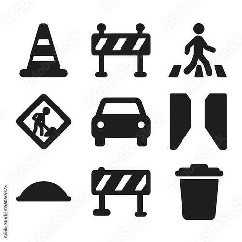 Urban Obstacle Icons. Solid, Filled icon set of urban pursuit obstacles: traffic cone, barricade, pedestrian crossing,