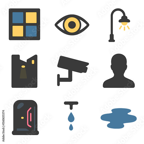 Urban Night Icons. Flat icon set of urban night vigil: skyscraper window, lit eye, streetlamp, alleyway, CCTV camera, silhouette,