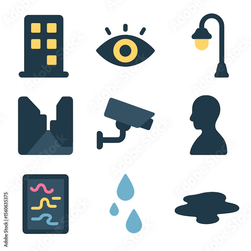 Urban Night Icons. Flat icon set of urban night vigil: skyscraper window, lit eye, streetlamp, alleyway, CCTV camera, silhouette,