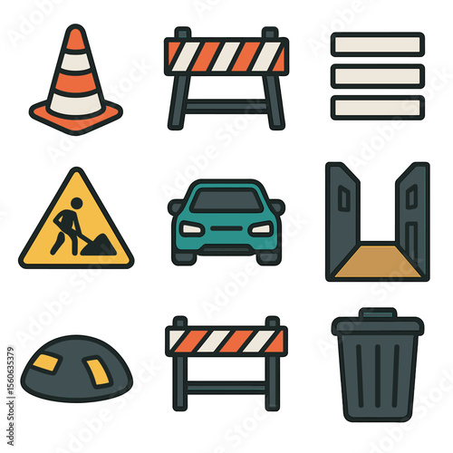 Urban Obstacle Icons. Flat icon set of urban pursuit obstacles: traffic cone, barricade, pedestrian crossing, construction zone,