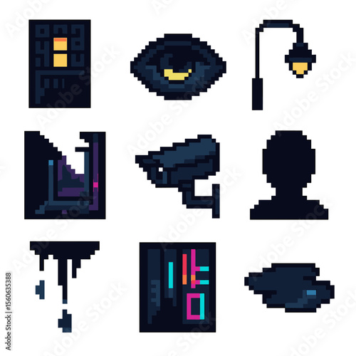 Urban Night Vigil. Pixel art icon set of urban night vigil: skyscraper window, lit eye, streetlamp, alleyway, CCTV camera,