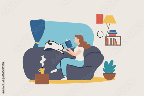 Relaxation lifestyle, comfortable at home or calm, cosy wellbeing or enjoy reading books, positive emotion, chill or reduce anxiety concept, young woman relax reading book while playing with pet.