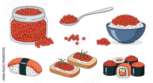 Delicious Red Caviar Delicacies Served with Sushi and Bread Appetizers
