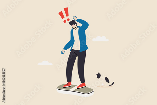 Obesity, overweight or unhealthy lifestyle cause gaining weight, belly disease, diabetes or nutrition problem concept, fatty man weighing on weight scale.