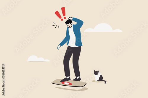 Obesity, overweight or unhealthy lifestyle cause gaining weight, belly disease, diabetes or nutrition problem concept, fatty man weighing on weight scale.
