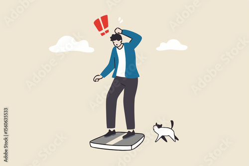 Obesity, overweight or unhealthy lifestyle cause gaining weight, belly disease, diabetes or nutrition problem concept, fatty man weighing on weight scale.