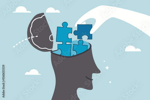 Psychology, mental health or brain cognition, mind therapy , emotion or solution to solve wellbeing problem, mood disease or anxiety care concept, hand solve jigsaw puzzle in human brain head.