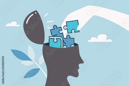 Psychology, mental health or brain cognition, mind therapy , emotion or solution to solve wellbeing problem, mood disease or anxiety care concept, hand solve jigsaw puzzle in human brain head.