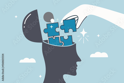 Psychology, mental health or brain cognition, mind therapy , emotion or solution to solve wellbeing problem, mood disease or anxiety care concept, hand solve jigsaw puzzle in human brain head.
