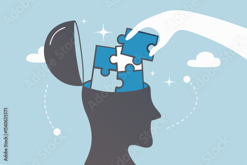 Psychology, mental health or brain cognition, mind therapy , emotion or solution to solve wellbeing problem, mood disease or anxiety care concept, hand solve jigsaw puzzle in human brain head.