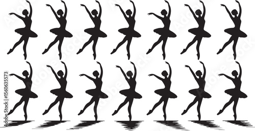 Black vector silhouettes of people dancing, including a ballerina, gym figures, and a jumping gymnast illustration