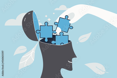 Psychology, mental health or brain cognition, mind therapy , emotion or solution to solve wellbeing problem, mood disease or anxiety care concept, hand solve jigsaw puzzle in human brain head.
