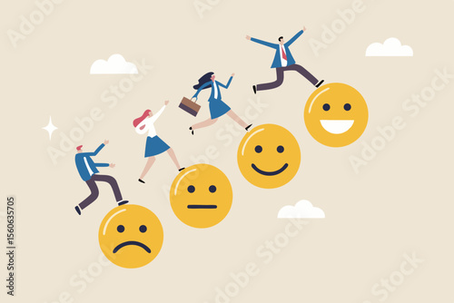 Employee happiness, wellbeing or positive attitude, emotional intelligence to improve success, joyful work or optimistic concept, business people jump from anxiety to delight smiling face emoticon.