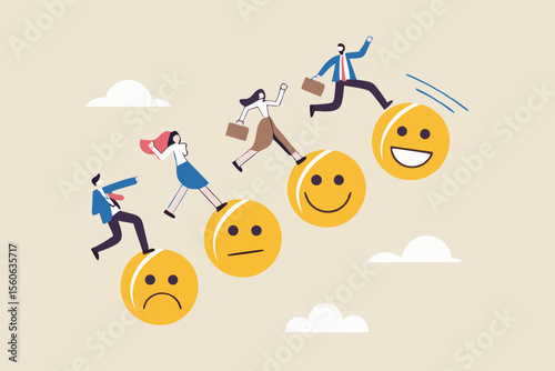Employee happiness, wellbeing or positive attitude, emotional intelligence to improve success, joyful work or optimistic concept, business people jump from anxiety to delight smiling face emoticon.