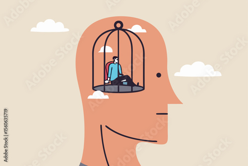 Struggle prison mind, fixed mindset trapped inside psychology, stressed anxiety or overworked, slavery, despair prisoner or depression concept, businessman trapped inside birdcage on human head brain.